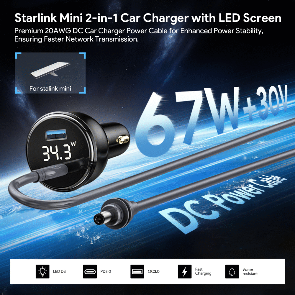 Starlink Mini 100W 2-in-1 Car Charger with 3M Type-C to DC Cable