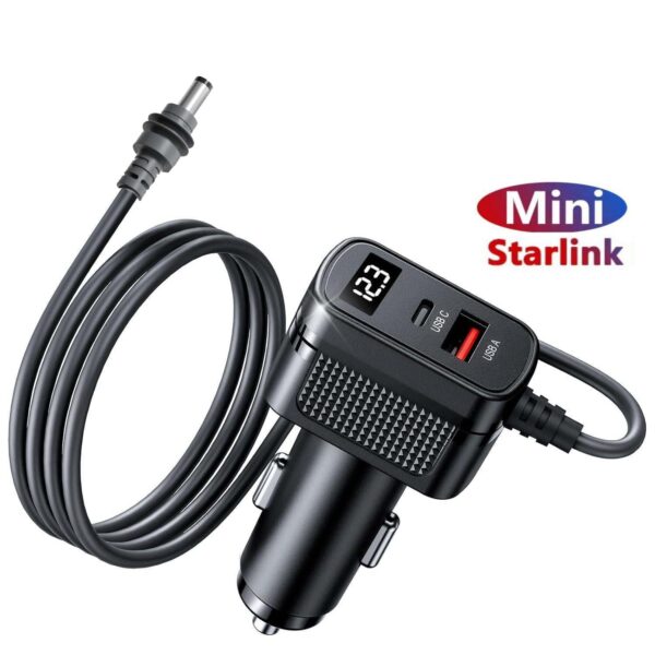 12V-24V Cigarette Lighter to DC Power Cable for Starlink Mini with LED Socket, USB-C & USB-A Ports