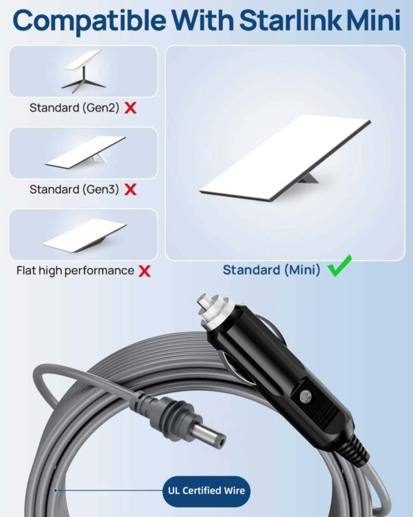12V-24V 100W Waterproof Cigarette Lighter to DC Car Charger Cable for Starlink Mini
