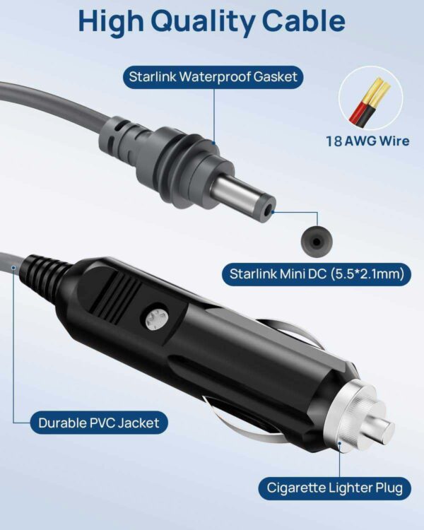 12V-24V 100W Waterproof Cigarette Lighter to DC Car Charger Cable for Starlink Mini