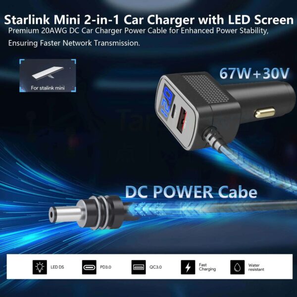 12V-24V Cigarette Lighter to DC Power Cable for Starlink Mini with LED Socket, USB-C & USB-A Ports