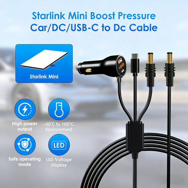 Starlink Mini 3-in-1 24V Car Power Cable with Digital Display & Gold-Plated DC Connector