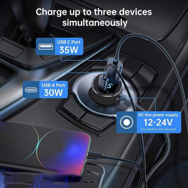 12V-24V Waterproof Car Cigarette Lighter to DC Power Cable for Starlink Mini with Digital Voltage Display, USB & PD Fast Charging