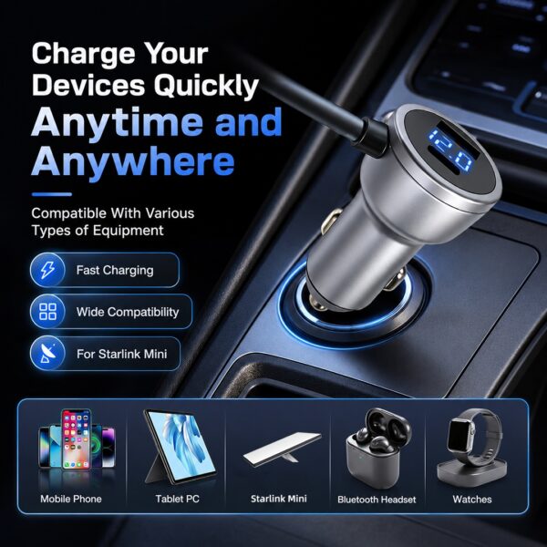 Starlink Mini 12V-24V to 30V 2A Car Charger with DC Step-Up Converter, Digital Display & Dual USB Ports