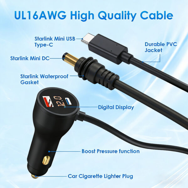 Starlink Mini 3-in-1 24V Car Power Cable with Digital Display & Gold-Plated DC Connector