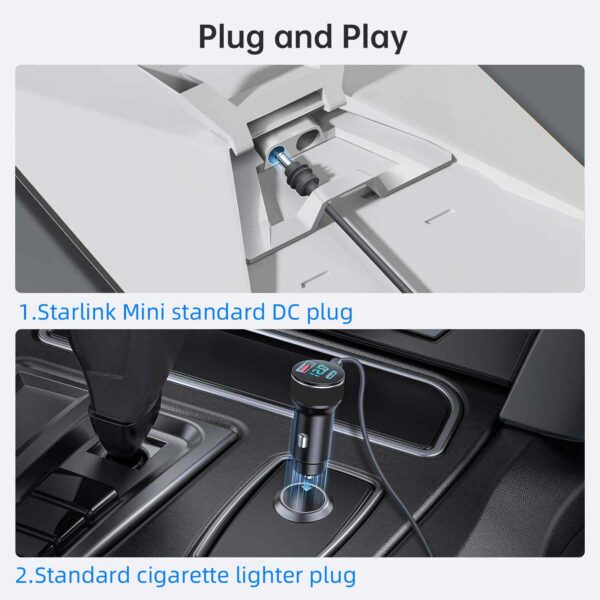 12V-24V Waterproof Car Cigarette Lighter to DC Power Cable for Starlink Mini with Digital Voltage Display, USB & PD Fast Charging