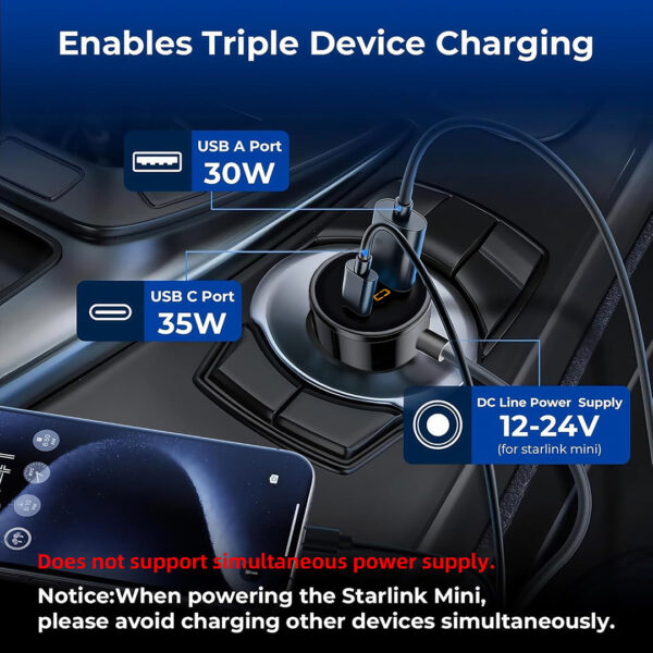 Starlink Mini 12V-24V Car Power Cable with QC 3.0 & PD 30W Fast Charging, DC 5.5×2.1mm Connector